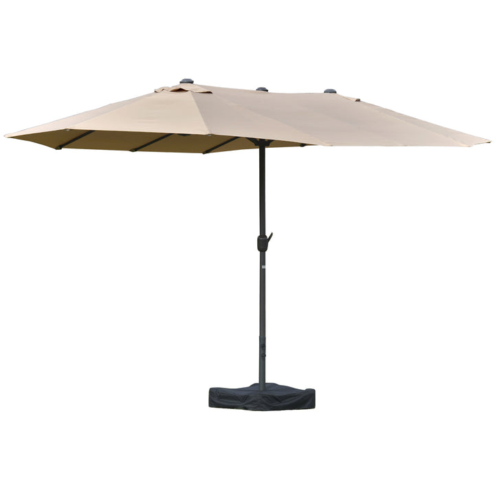 15ft Double Twin Canopy Patio Deck Umbrella Shade Shelter w Base Stand UV Protection, Tan Beige