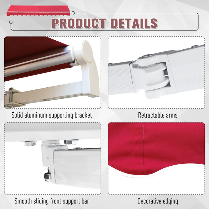 13 x 8 ft Manual Retractable Awning Sun Shade Canopy, Aluminum, Steel for Patio Deck - Wine Red
