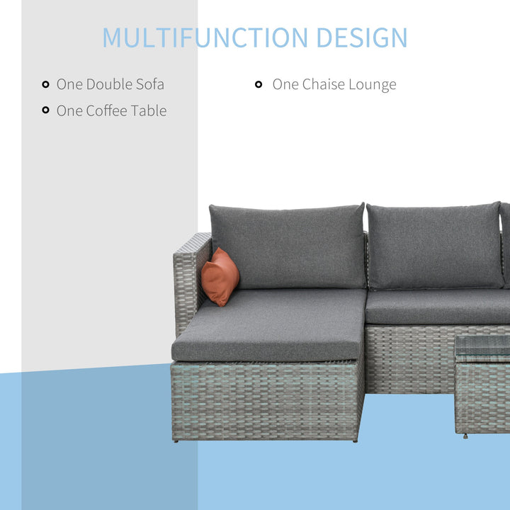 3pc Compact PE Rattan Wicker Conversation Chaise Sofa Set w Cushions for Outdoor Patio - Grey