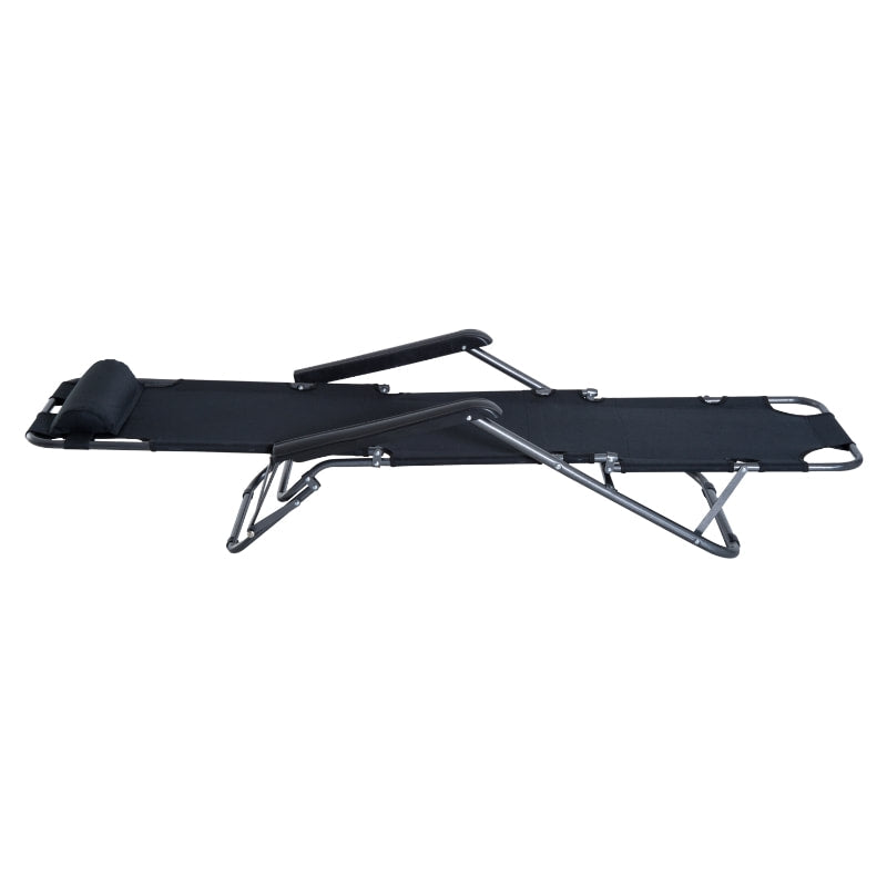 2-Way Folding Chaise Seat Flat Recliner Chair Sun Lounger Cot w Pillow, Beach Patio Deck, Black