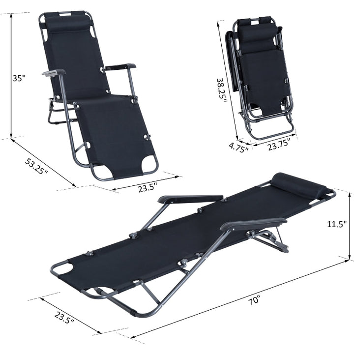 2-Way Folding Chaise Seat Flat Recliner Chair Sun Lounger Cot w Pillow, Beach Patio Deck, Black