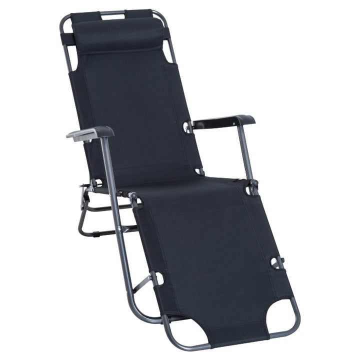 2-Way Folding Chaise Seat Flat Recliner Chair Sun Lounger Cot w Pillow, Beach Patio Deck, Black