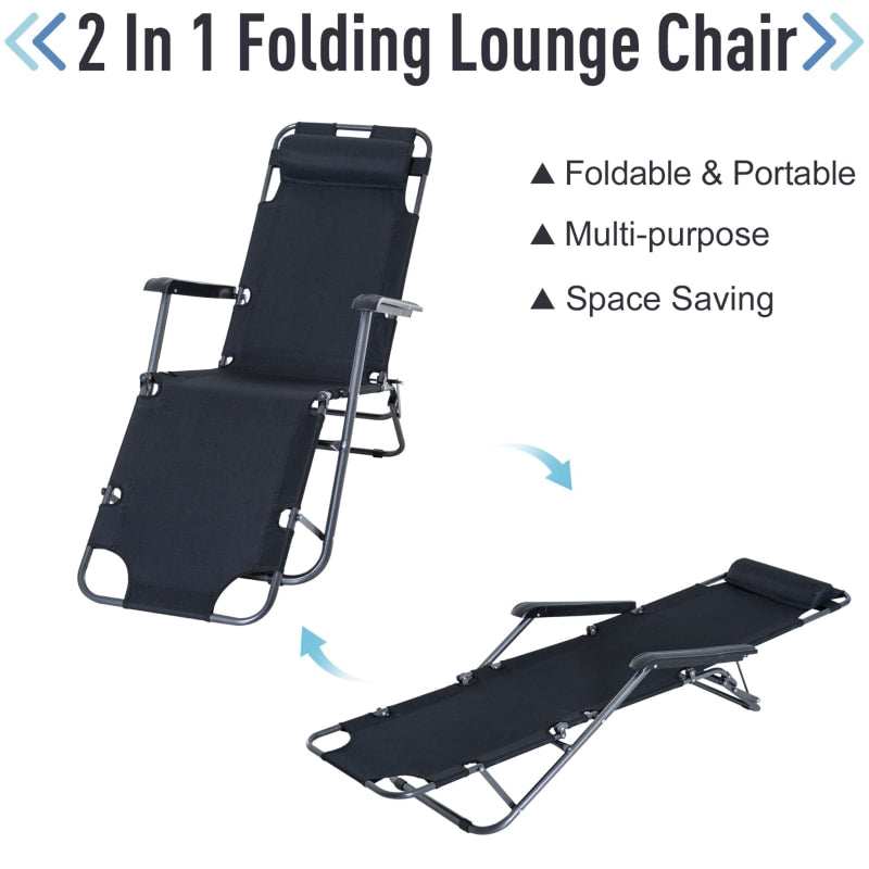 2-Way Folding Chaise Seat Flat Recliner Chair Sun Lounger Cot w Pillow, Beach Patio Deck, Black