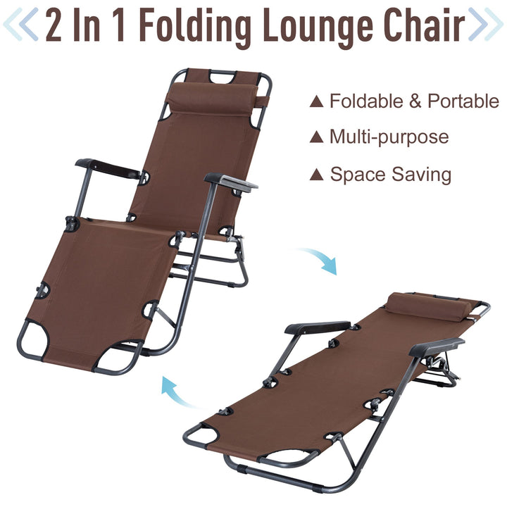 2-Way Folding Chaise Seat Flat Recliner Chair Sun Lounger Cot w Pillow, Beach Patio Deck, Brown