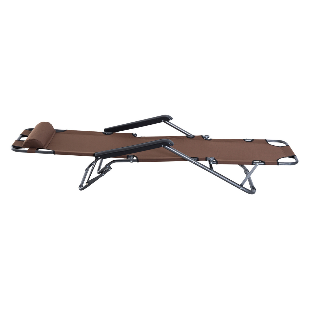 2-Way Folding Chaise Seat Flat Recliner Chair Sun Lounger Cot w Pillow, Beach Patio Deck, Brown