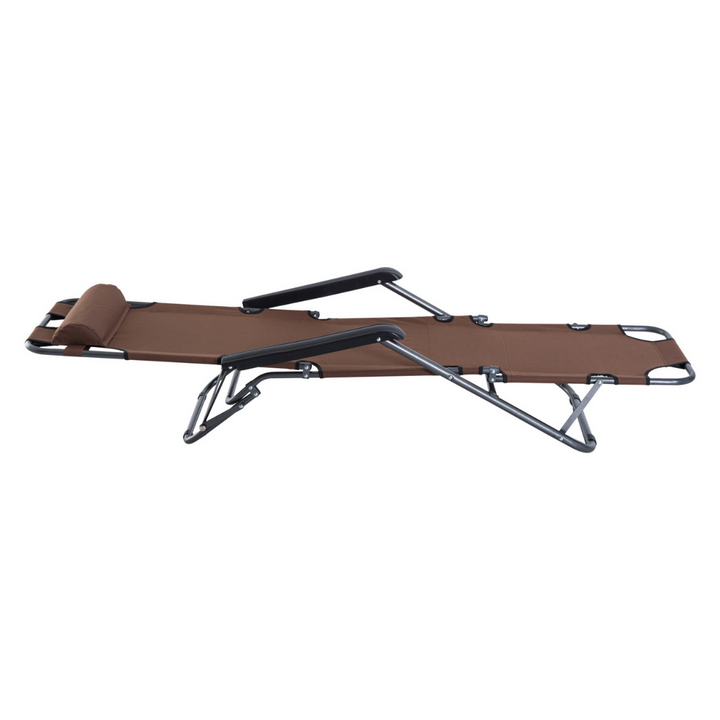 2-Way Folding Chaise Seat Flat Recliner Chair Sun Lounger Cot w Pillow, Beach Patio Deck, Brown
