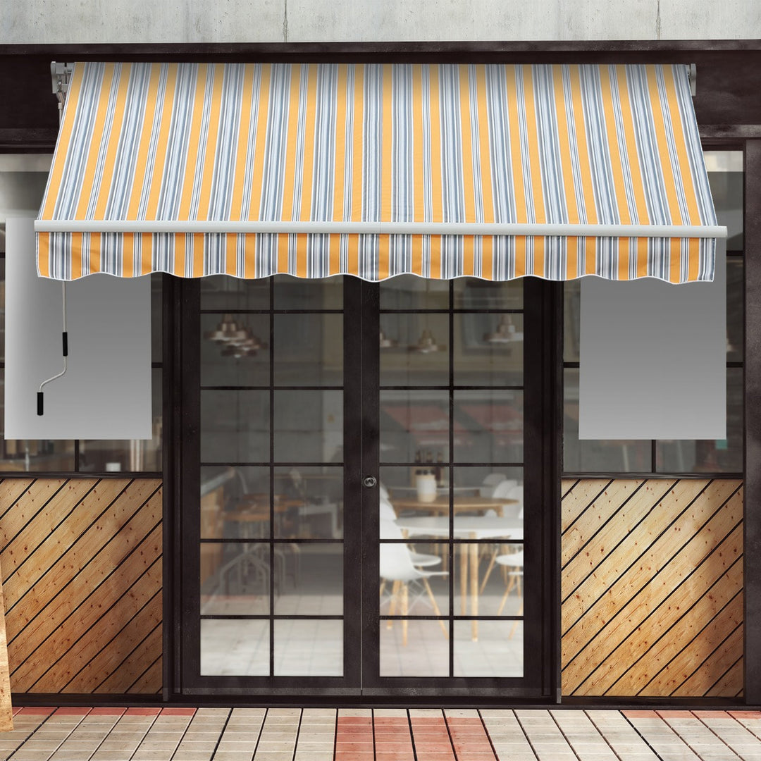 10 x 8 ft Manual Retractable Awning Sun Shade Canopy, Aluminum, Steel Patio - Yellow Stripe