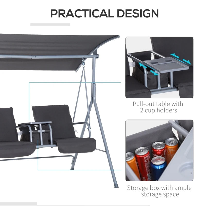 Outdoor 2-Seater Porch Swing Lounger w Storage Table / Canopy, Patio Deck Balcony Garden, Grey