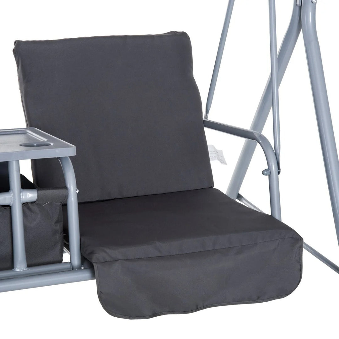 Outdoor 2-Seater Porch Swing Lounger w Storage Table / Canopy, Patio Deck Balcony Garden, Grey