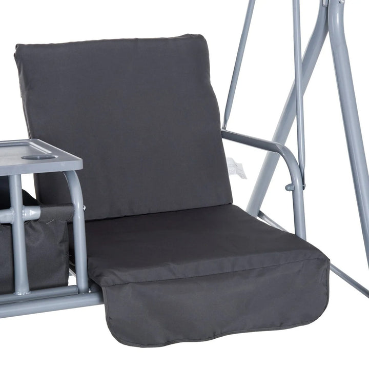 Outdoor 2-Seater Porch Swing Lounger w Storage Table / Canopy, Patio Deck Balcony Garden, Grey