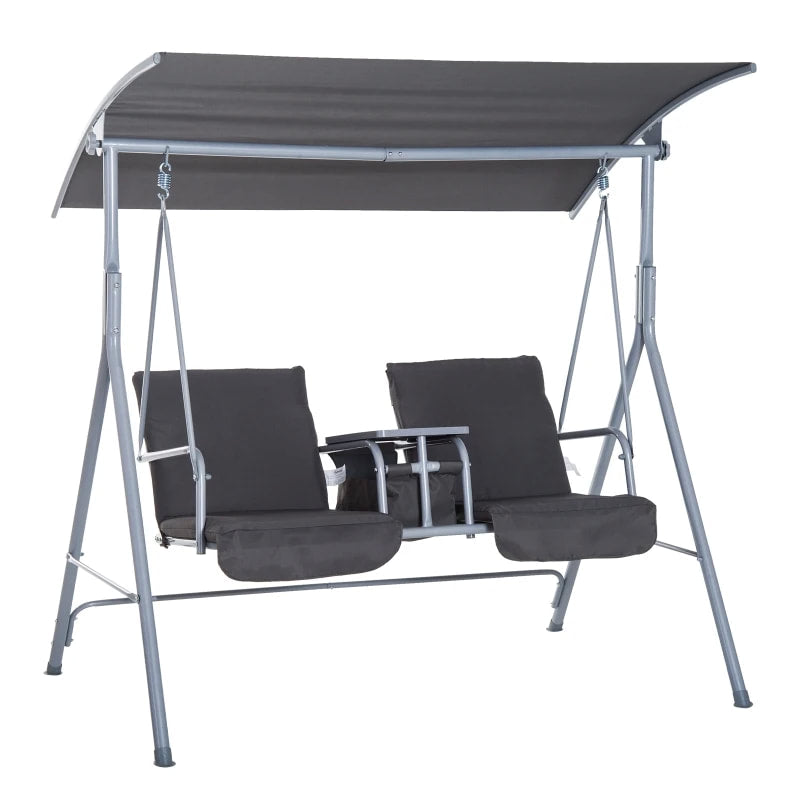 Outdoor 2-Seater Porch Swing Lounger w Storage Table / Canopy, Patio Deck Balcony Garden, Grey