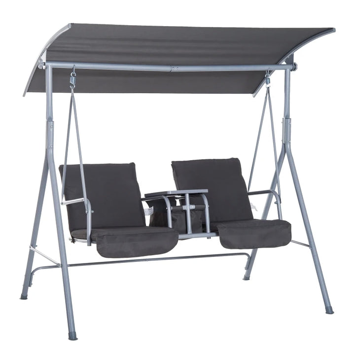 Outdoor 2-Seater Porch Swing Lounger w Storage Table / Canopy, Patio Deck Balcony Garden, Grey