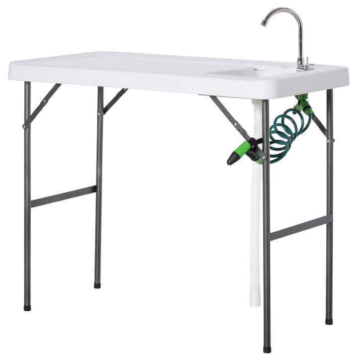 Folding Camping Work Area Table w/ Faucet and Mini Sink, Outdoor Garden Dining Kitchen, White