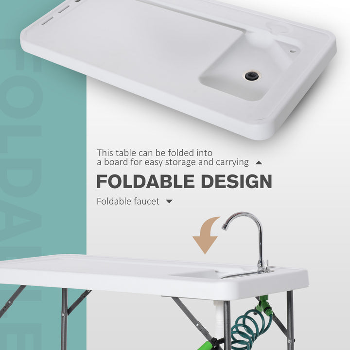 Folding Camping Work Area Table w/ Faucet and Mini Sink, Outdoor Garden Dining Kitchen, White
