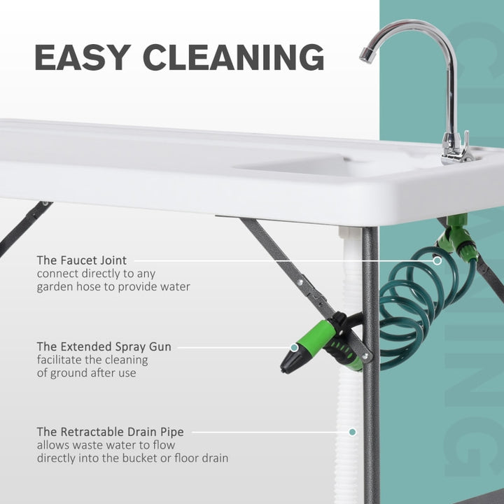 Folding Camping Work Area Table w/ Faucet and Mini Sink, Outdoor Garden Dining Kitchen, White