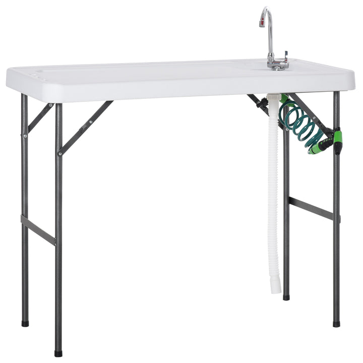 Folding Camping Work Area Table w/ Faucet and Mini Sink, Outdoor Garden Dining Kitchen, White