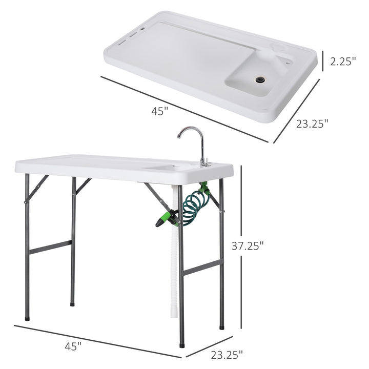 Folding Camping Work Area Table w/ Faucet and Mini Sink, Outdoor Garden Dining Kitchen, White