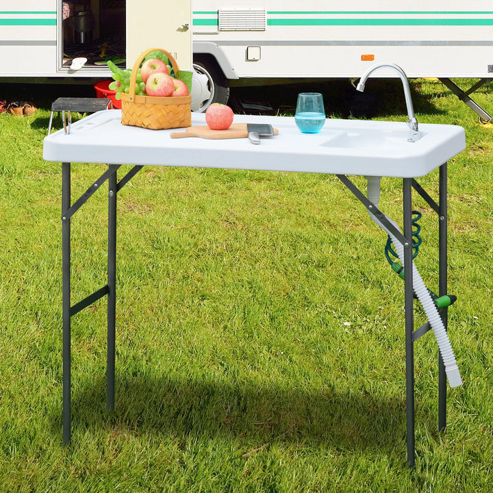 Folding Camping Work Area Table w/ Faucet and Mini Sink, Outdoor Garden Dining Kitchen, White