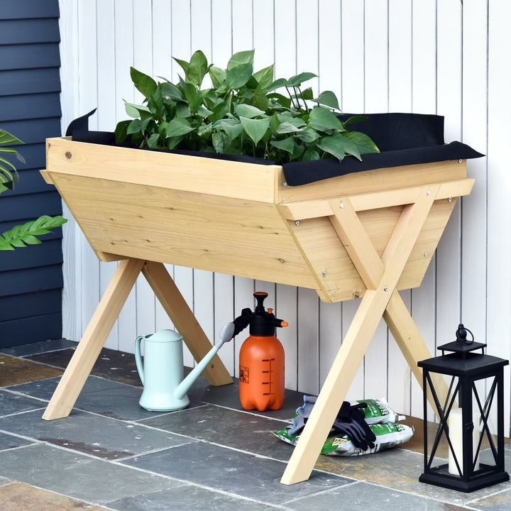Raised Wooden Garden Planter Box Flower Veggie Bed w/ X Frame, Drain, Legs, Fabric Liner - Fir