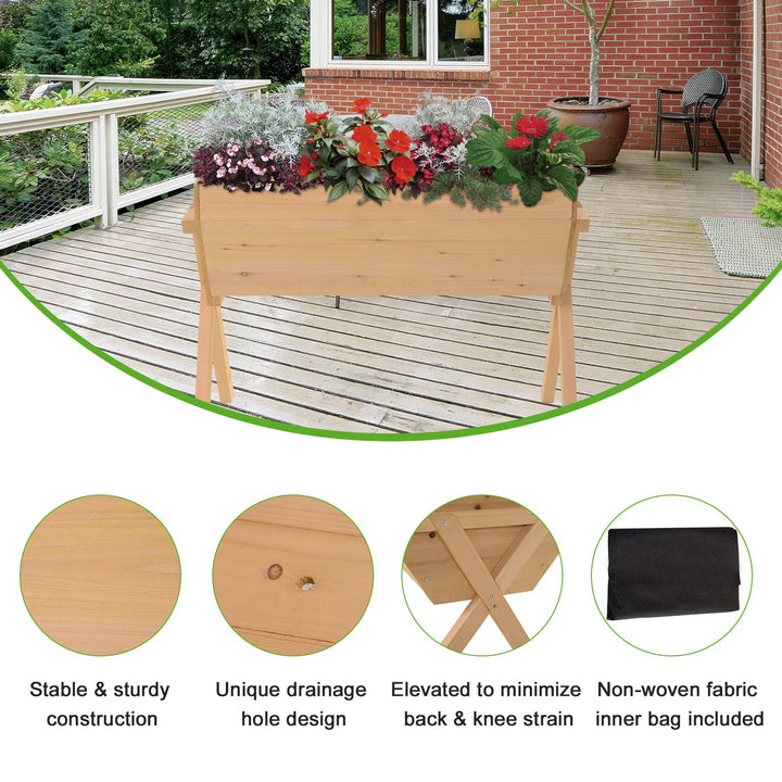 Raised Wooden Garden Planter Box Flower Veggie Bed w/ X Frame, Drain, Legs, Fabric Liner - Fir