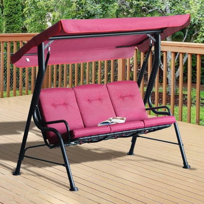 Outdoor 3-Seater Deluxe Swing Lounger w/ Canopy, Cushions for Patio Deck Garden - Pink Wine Red