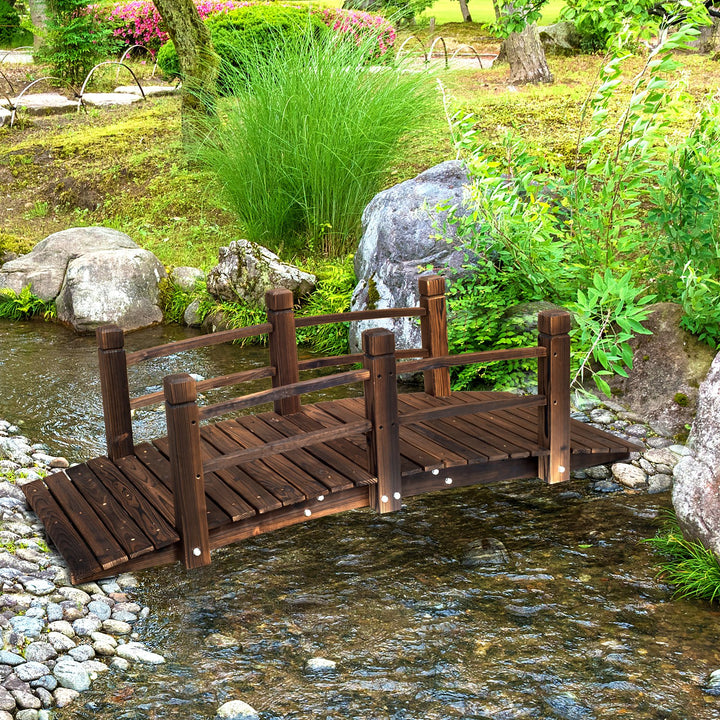 5 ft Rustic Stained Fir Wood Garden Bridge Arch w Railing for Patio, Park, Yard, Dark Brown