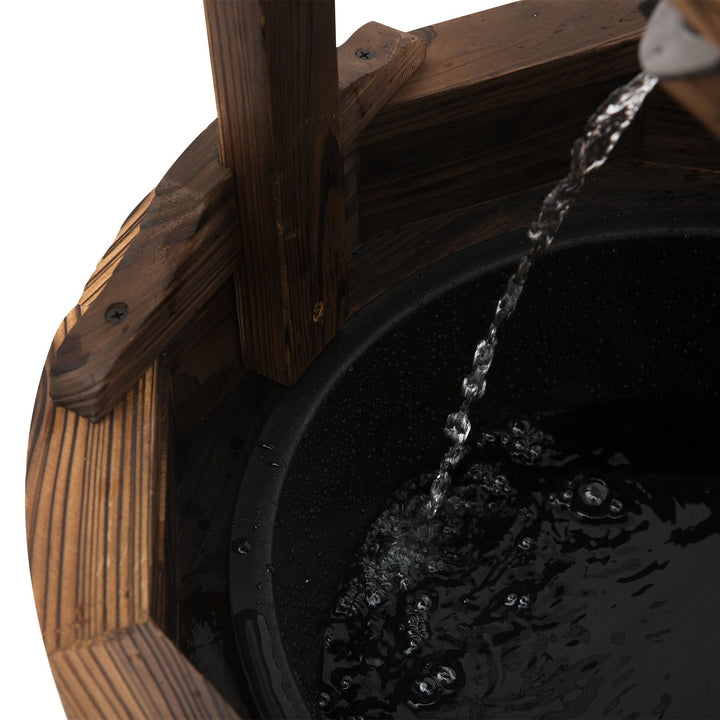 4 ft Rustic Farmhouse Wooden Barrel Garden Wishing Well Fountain w/ Pump - Carbonized Wood