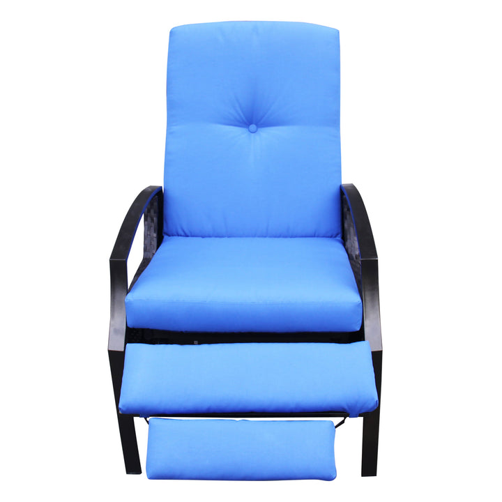 PE Rattan Wicker Reclining Lounger Chair w/ Cushions for Outdoor Patio Deck, Dk Brown w/ Blue
