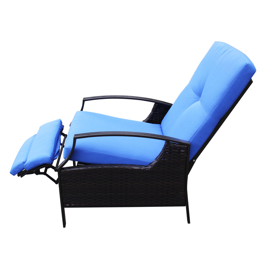 PE Rattan Wicker Reclining Lounger Chair w/ Cushions for Outdoor Patio Deck, Dk Brown w/ Blue