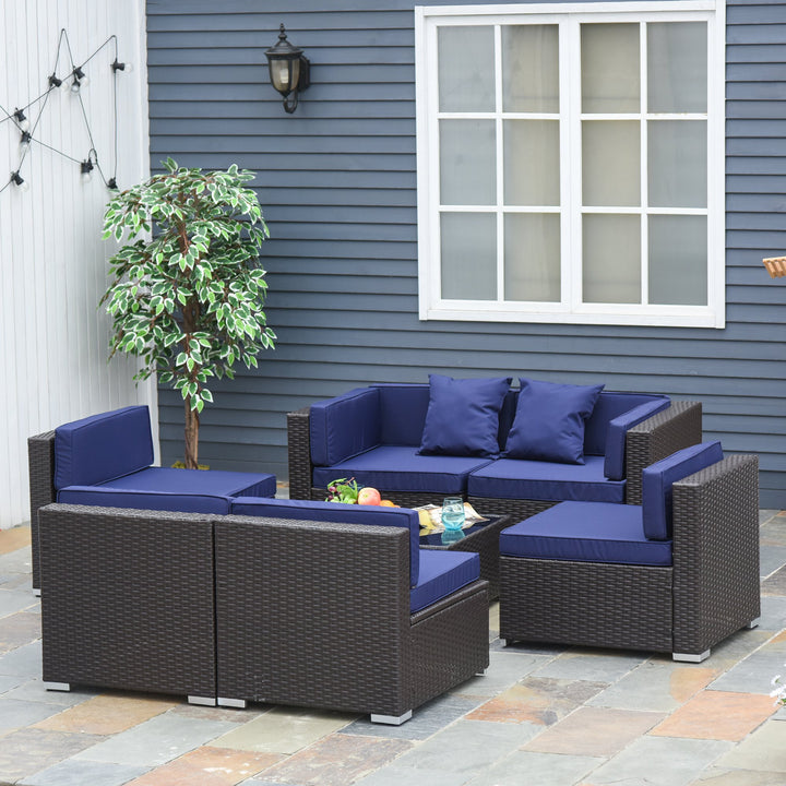 7pc PE Rattan Wicker Sectional Conversation Furniture Set w/ Cushions Outdoor Patio - Navy Blue