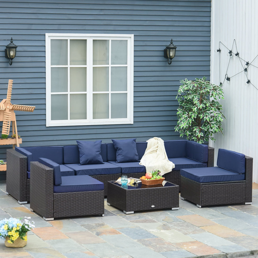 7pc PE Rattan Wicker Sectional Conversation Furniture Set w/ Cushions Outdoor Patio - Navy Blue