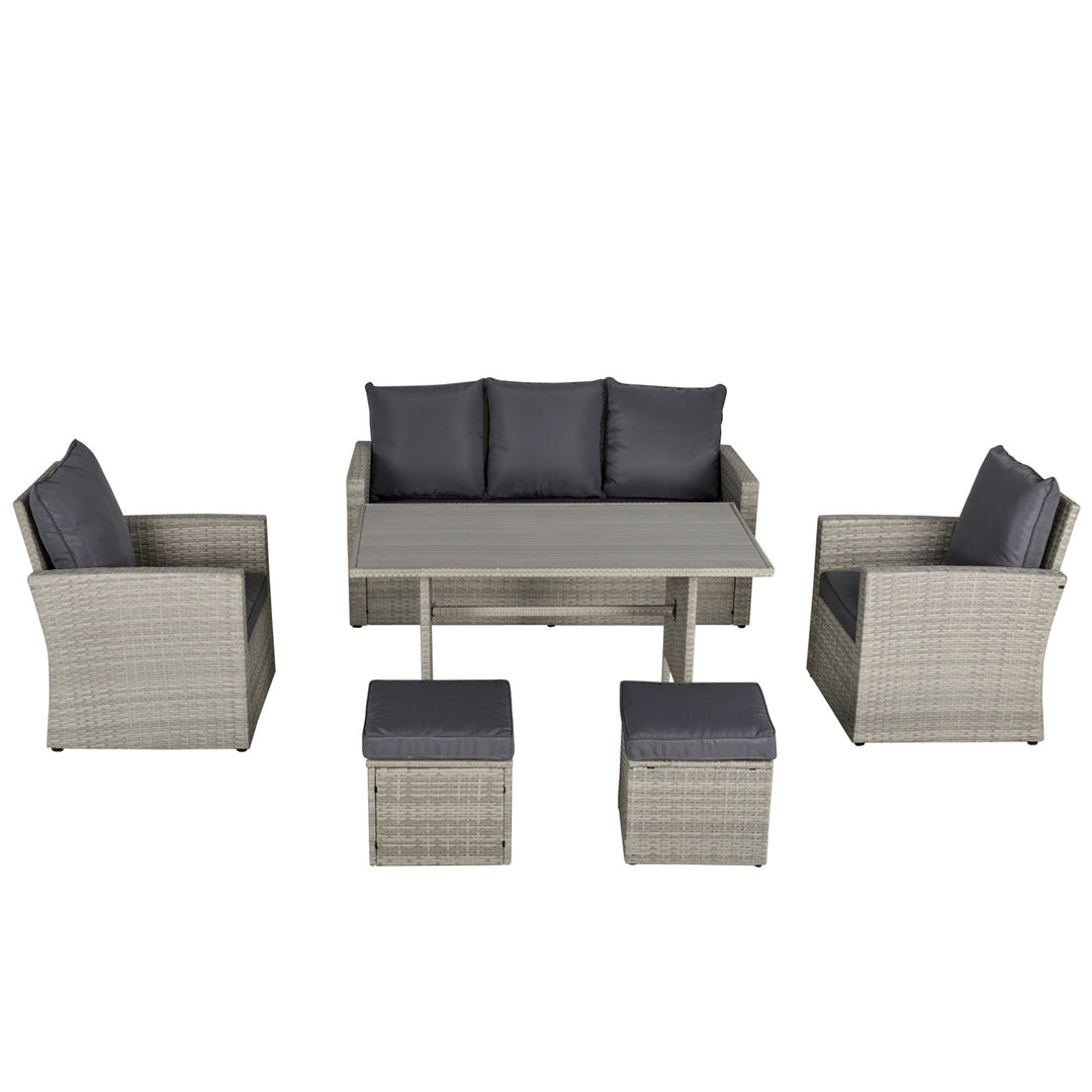 6pc PE Rattan Wicker Outdoor Dining Set w/ Cushions, Plastic Wood-top Table for Patio - Grey