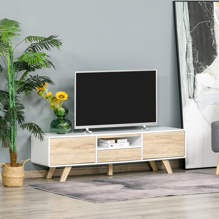 Modern TV Entertainment Stand w/ Storage & Push-Open Drawers - White & Light Oak Wood Look