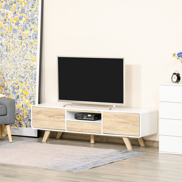 Modern TV Entertainment Stand w/ Storage & Push-Open Drawers - White & Light Oak Wood Look