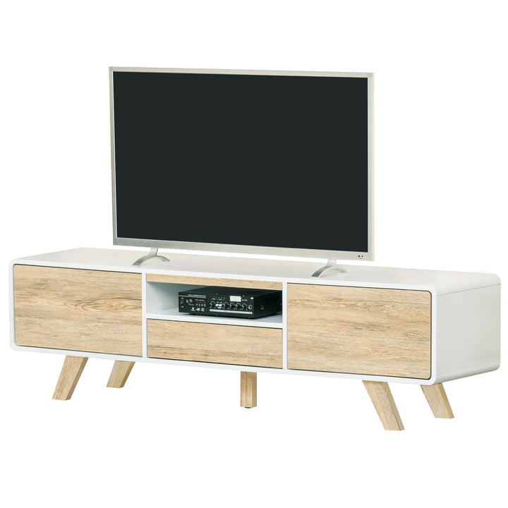 Modern TV Entertainment Stand w/ Storage & Push-Open Drawers - White & Light Oak Wood Look