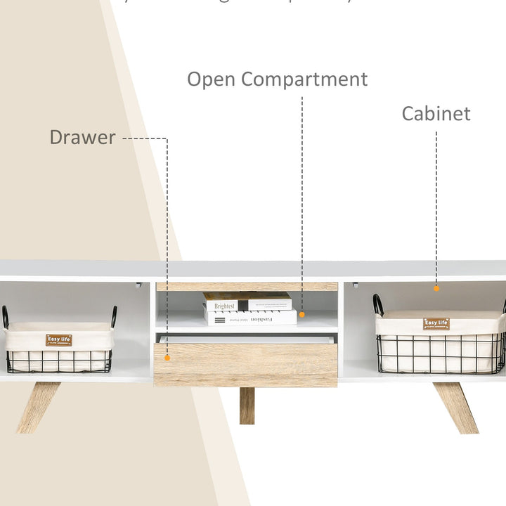 Modern TV Entertainment Stand w/ Storage & Push-Open Drawers - White & Light Oak Wood Look