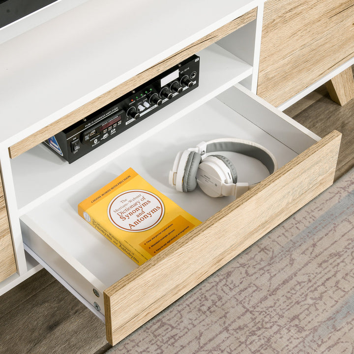 Modern TV Entertainment Stand w/ Storage & Push-Open Drawers - White & Light Oak Wood Look