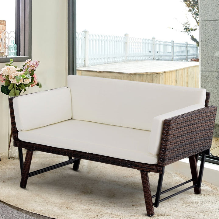 Convertible Rattan Wicker Chaise Lounger Loveseat Sofa Futon Bed for Patio Brown & Cream White