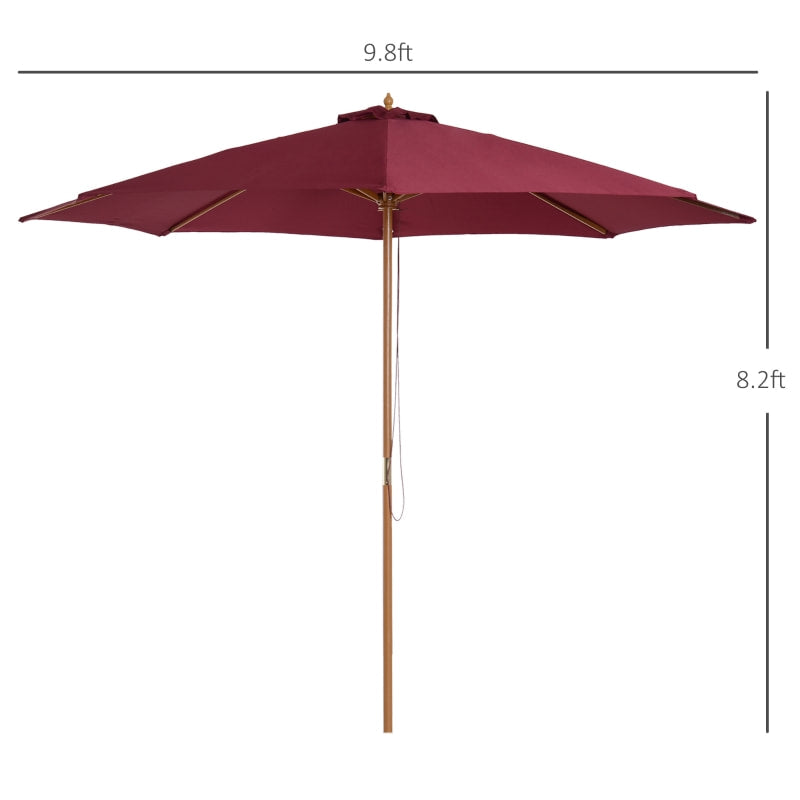 10ft Round Umbrella Canopy Parasol for Patio Deck Garden Sun Shade, Bamboo, Wood - Wine Red