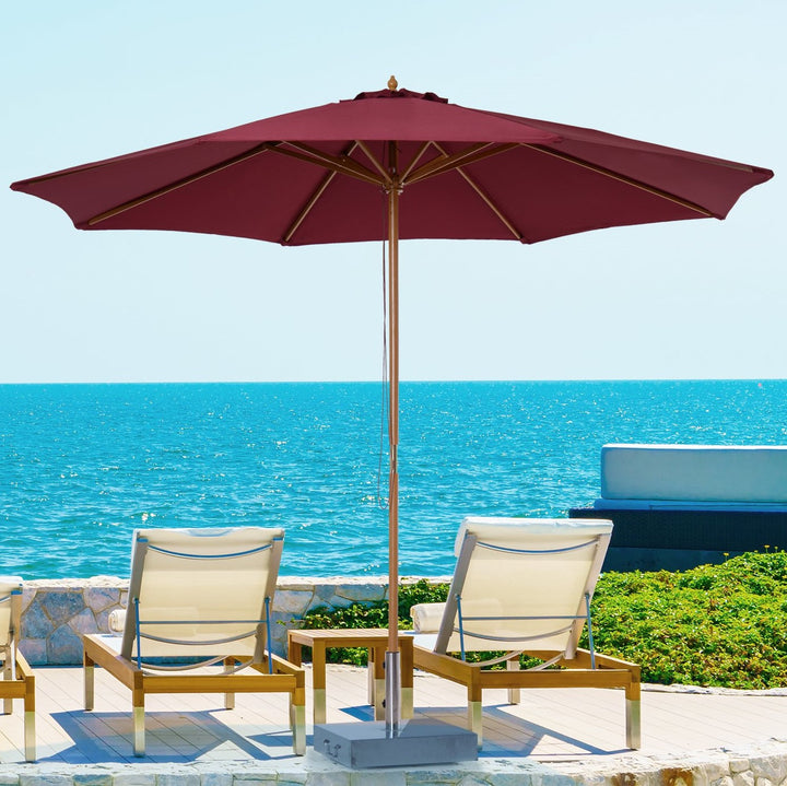 10ft Round Umbrella Canopy Parasol for Patio Deck Garden Sun Shade, Bamboo, Wood - Wine Red