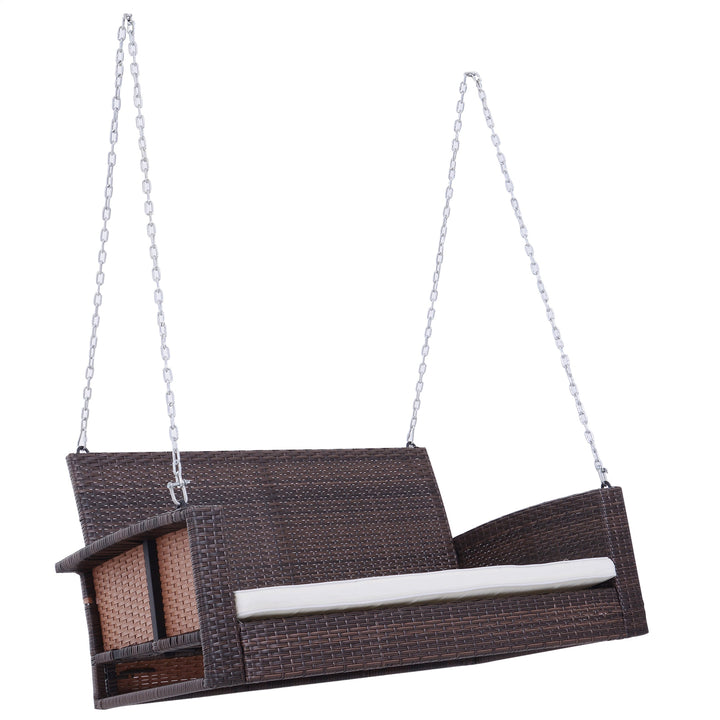 Outdoor 2-Seater Rattan Wicker Garden Bench Swing w/ Cushion for Patio Backyard - Mixed Brown