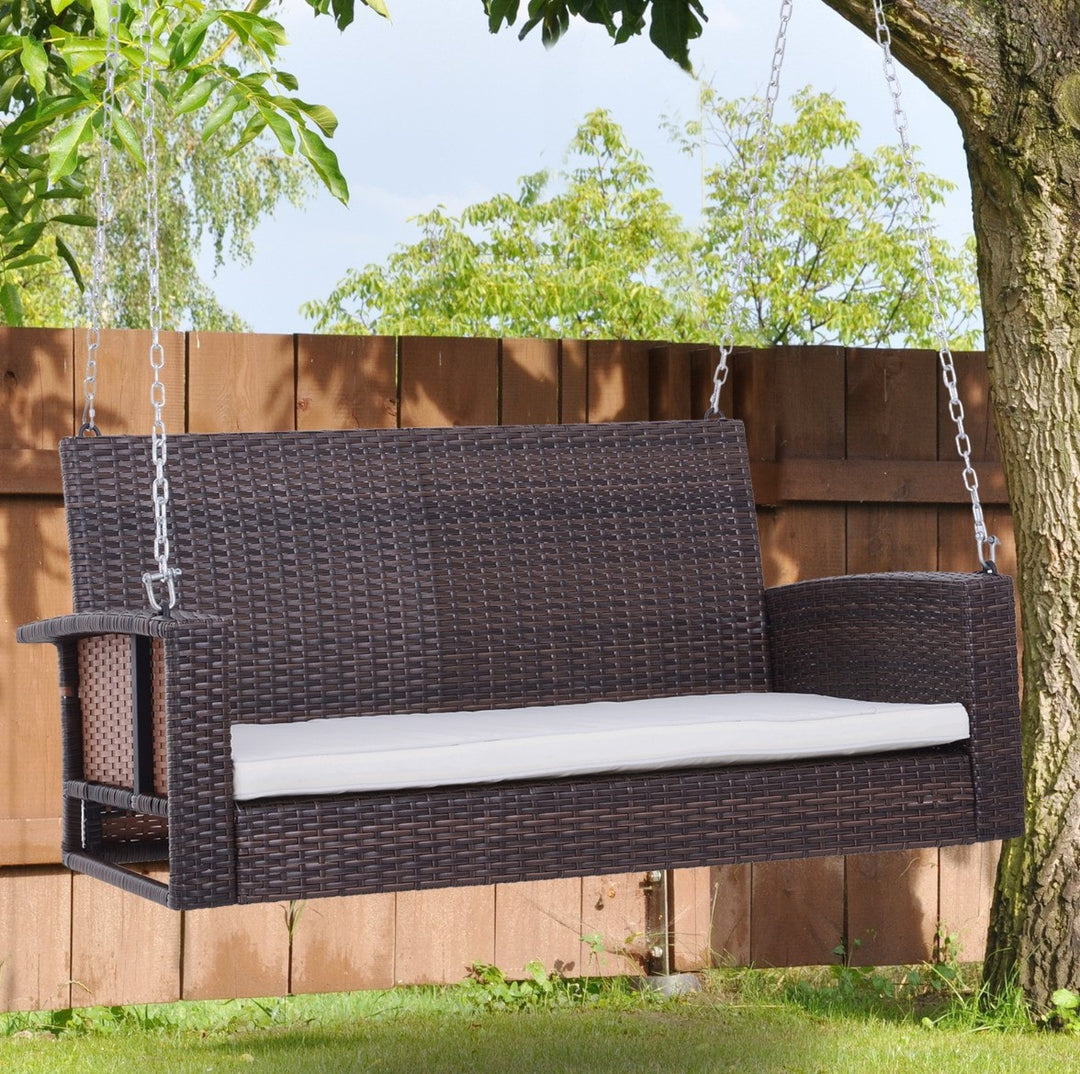 Outdoor 2-Seater Rattan Wicker Garden Bench Swing w/ Cushion for Patio Backyard - Mixed Brown