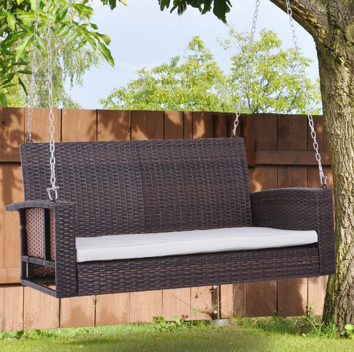 Outdoor 2-Seater Rattan Wicker Garden Bench Swing w/ Cushion for Patio Backyard - Mixed Brown