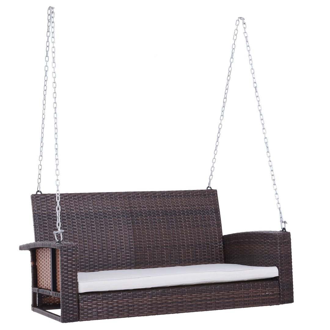 Outdoor 2-Seater Rattan Wicker Garden Bench Swing w/ Cushion for Patio Backyard - Mixed Brown