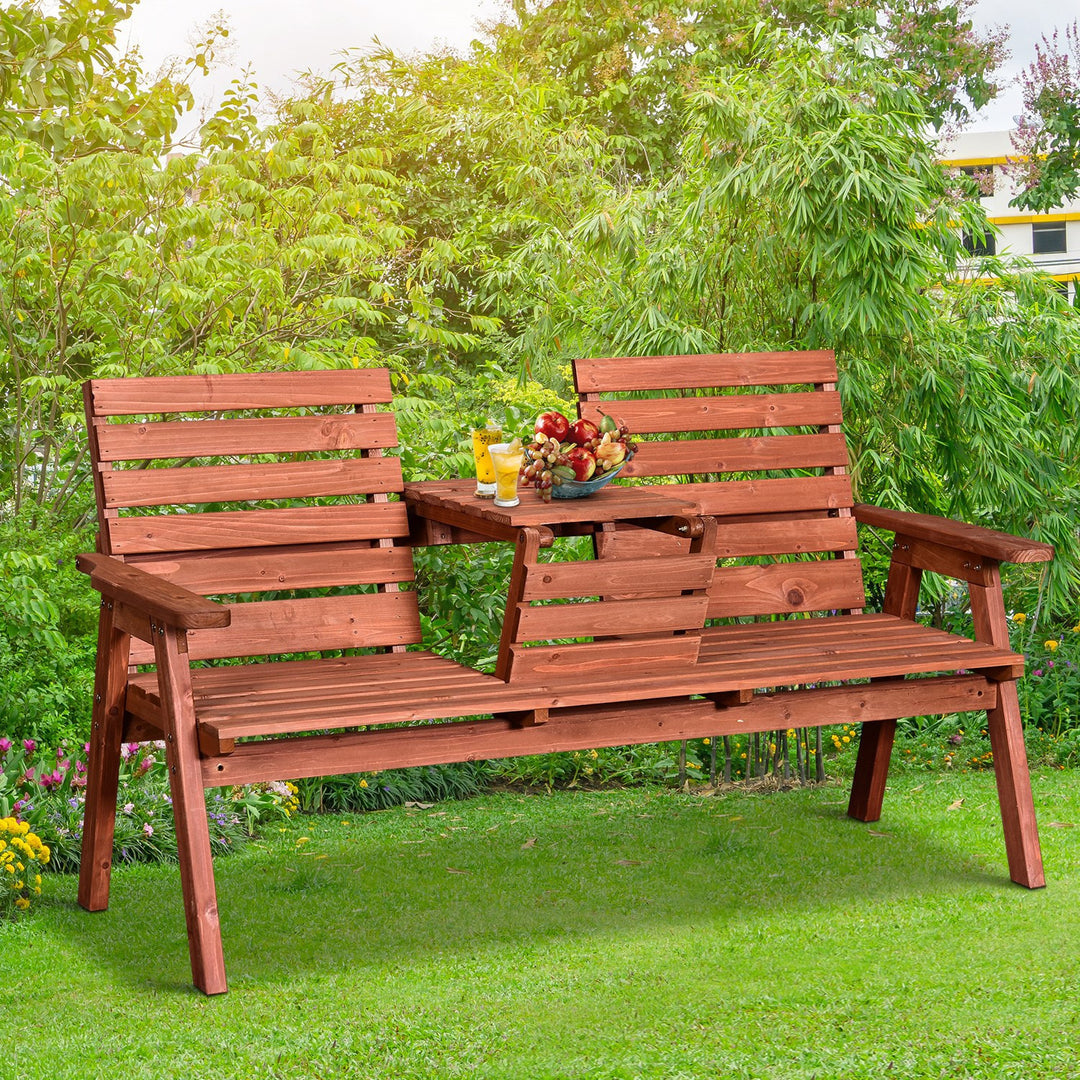 Outdoor 3-Seater Fir Wood Garden Bench w/ Folding Middle Table for Patio Backyard Deck - Orange