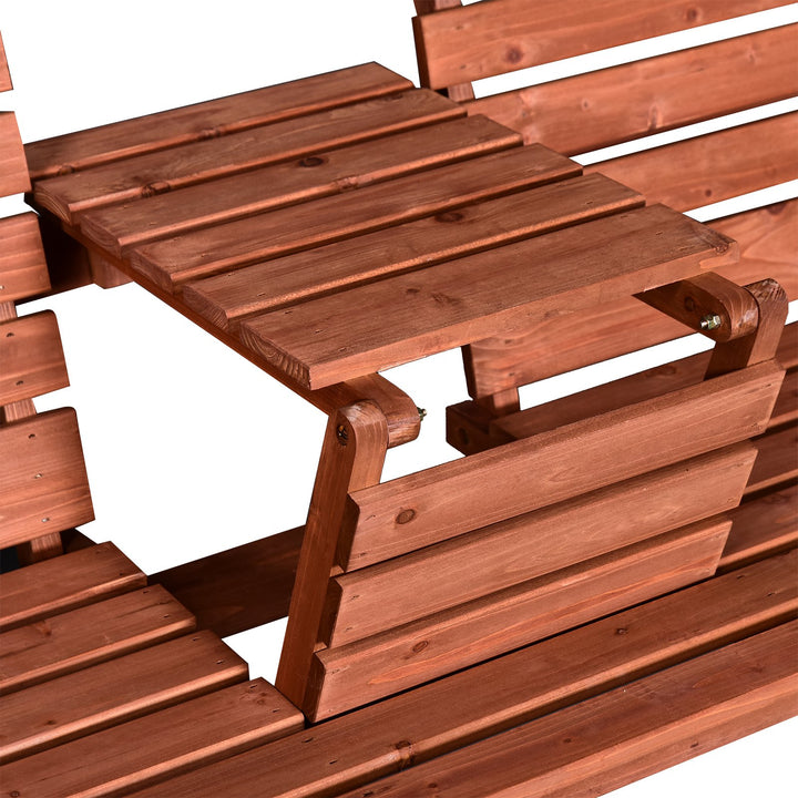 Outdoor 3-Seater Fir Wood Garden Bench w/ Folding Middle Table for Patio Backyard Deck - Orange