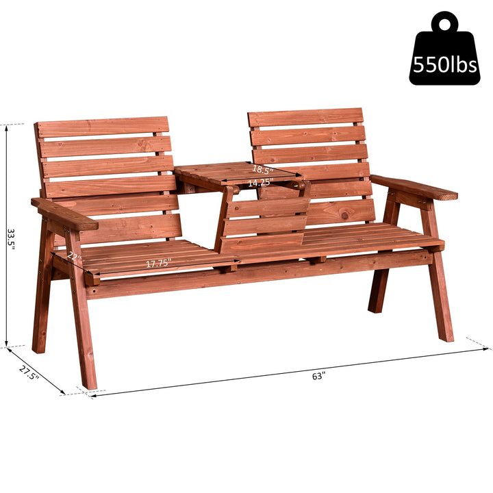 Outdoor 3-Seater Fir Wood Garden Bench w/ Folding Middle Table for Patio Backyard Deck - Orange