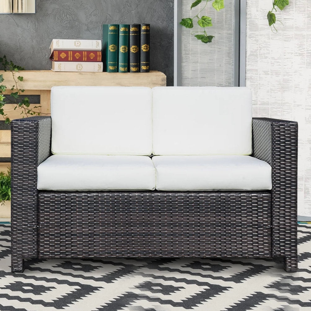 PE Rattan Wicker Loveseat Sofa Bench w Cushions, Outdoor Patio Deck, Dark Brown, Cream White