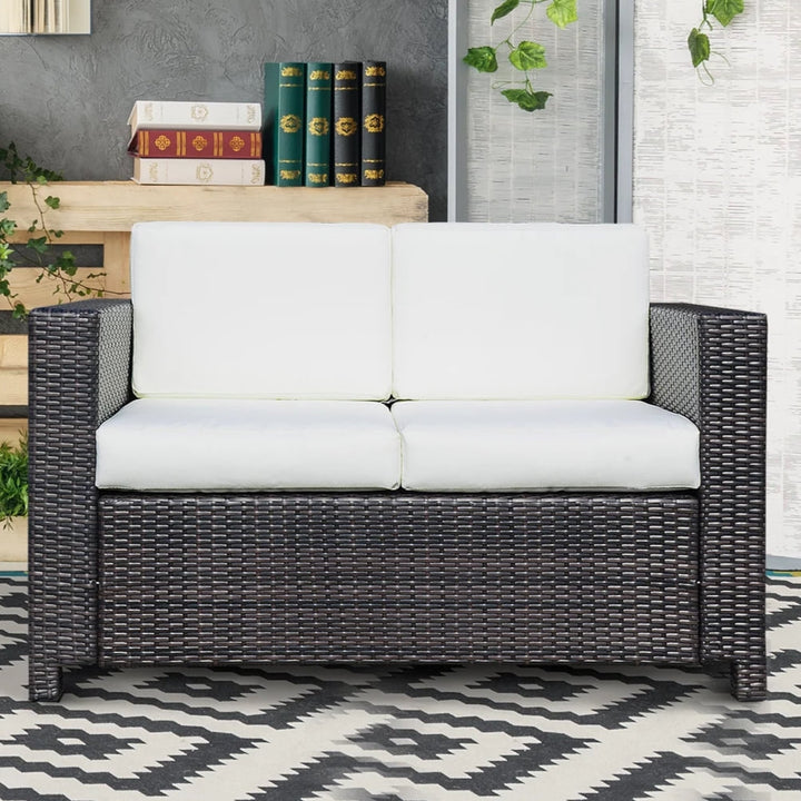 PE Rattan Wicker Loveseat Sofa Bench w Cushions, Outdoor Patio Deck, Dark Brown, Cream White