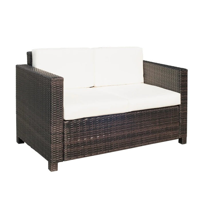 PE Rattan Wicker Loveseat Sofa Bench w Cushions, Outdoor Patio Deck, Dark Brown, Cream White